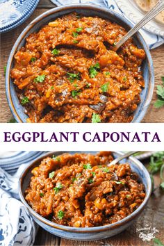 eggplant caponata in a blue bowl with a spoon and parsley on the side