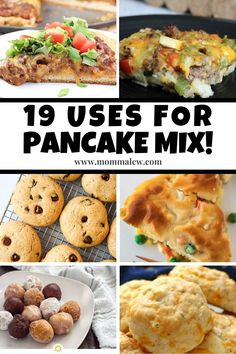 the top ten uses for pancake mix in this collage are cookies, muffins, and cakes