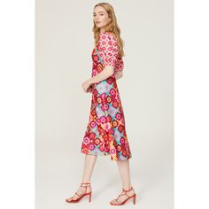 Pink floral satin 100% Polyester). A-line. Short sleeves. V-neck. Back zipper closure. 45.5" from shoulder to hemline. Imported. Rent The Runway, Closet Designs, Floral Midi Dress, Retro Vibe, Pink Floral, A Line, Midi Dress, Short Sleeves, Satin