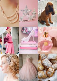 a collage of photos with pink and white items in the middle, including a dog wearing a tiara