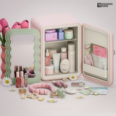 an assortment of beauty products in a pink and white box with flowers on the side