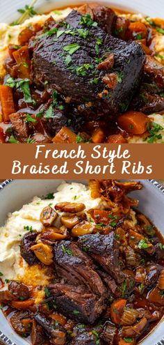 french style braised short ribs with mashed potatoes and carrots