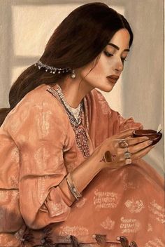 a painting of a woman sitting on a chair looking at her cell phone while wearing jewelry