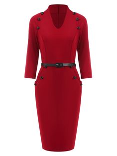 V Neck Buttoned Sheath Dress - Cherry Red - 3N06458913 - Women's Clothing, Dresses, Work Dresses  #WorkDresses #Women's #Clothing # #Dresses # #Work #Dresses Cheap Dresses Casual, Cherry Dress, Dresses Cheap, Work Dresses, Business Casual Dresses, Long Sleeve Casual Dress, Work Dress, Sammy Dress, Black Dresses Casual