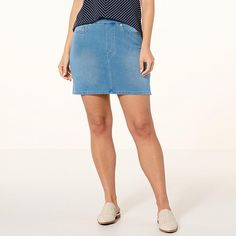 DG2 by Diane Gilman Super Stretch Knit Denim Skort  This is not your old (hmm ... frumpy) 90's skort. An updated wardrobe essential, style this flatteringly fitted skort with a bodysuit, blazer, and heels for a sophisticated and stylish dinner date outfit, or wear it with a graphic tee, denim jacket, and sneakers for a more casual weekend look. Dinner Date Outfits, Denim Skort, Knit Denim, Draped Fabric, Date Outfits, Types Of Skirts, Jeans Style, Chambray, Denim Fashion