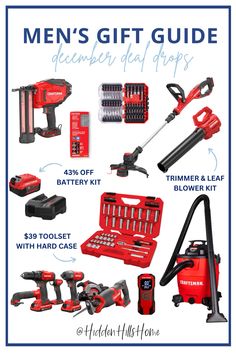 the ultimate tool kit for men's gift guide is shown in red and black