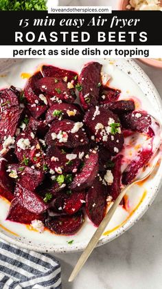 roasted beets in a white bowl with text overlay