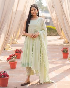 The 3-Piece Zinnia Mulmul Suit Set - Kurta Length - 48, contrast piping on neck & hem Pant - 37, Semi-elasticated Dupatta - Mul-mul dupatta with cut work Material- Mul mul Cotton Color - Mint Green CARE: Quick deep wash only Shipping - 10-12 days. DISCLAIMER - The color of the product may be differ due to screen settings of device. Indian Designer Suits, Palazzo Suit, Online Shopping India, How To Hem Pants, Contrast Piping, Suit Set, Cut Work, Indian Sarees, Designer Suits