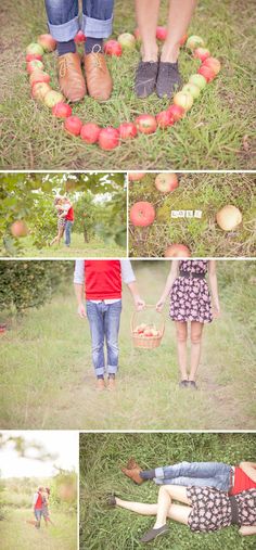 two people are holding hands and standing in the grass with apples on their feet, while one person holds an apple basket