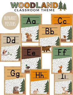 an alphabet poster with animals and letters in the background for woodland classroom themes, such as forest