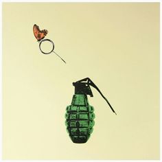 a butterfly flying over a green bottle with a loop attached to it's side