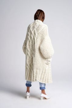 This coat is designed to use 12 balls of our 150 Gram Merino No. 5 yarn. We also have a limited supply of our XL Merino No. 5 skeins. You can utilize 3 of these XL skeins and not have to worry about connecting balls of yarn! The XL skeins are also great because they have NO KNOTS! This listing is for the pattern only. After checkout, you will receive a digital copy of the pattern by email. If you would like to buy the full DIY Kit for this style, you can do so here. Pattern level: Intermediate M Knitted Coats, Mohair Sweaters, Loopy Mango, Adorable Clothes, Sweaters Women, Knitwear Fashion, Coat Patterns, Chunky Crochet, Knit Fashion