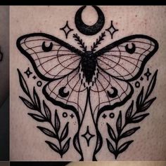 some tattoos that are on the back of someone's leg and one has a butterfly in it