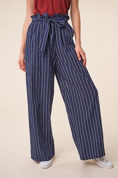 Stripe Pants Outfit, Paper Bag Pants, Wide Leg Linen Trousers, Bag Pants, Slacks Trousers, Balloon Pants, Designer Pants, White High Tops, Wide Leg Dress Pants