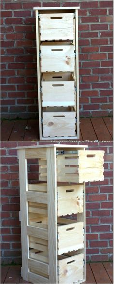 two wooden crates sitting next to each other in front of a brick wall