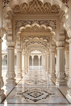 an intricately decorated hallway with columns and arches