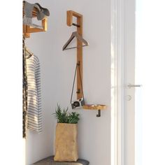 an entryway with coat rack, potted plant and shoes hanging on the wall