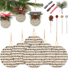 christmas ornaments with musical notes and pine cones