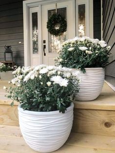 two large white planters sitting on the steps