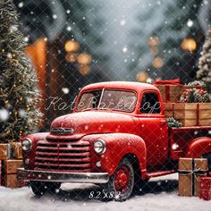 an old red truck is parked in front of a christmas tree with presents on it