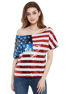 Flag Dress, Flag Outfit, Sequin Shirt, Home Of The Brave, Half Sleeve Blouse, Blouse Tank Top, Loungewear Luxury, Usa Dresses, Land Of The Free