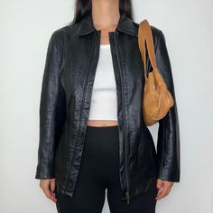 "Vintage super soft real leather bomber zip up jacket with zipper closure and two front pockets.   Colour: Black  Gender: Womens  Style: Leather Jacket  Brand: Principles  Size: Best fits UK 6/8/10 (US 2/4/6)  Measurements: Pit to Pit - 19.5\" Length - 27\"   Model: Size UK 8/10 (US 4/6) Height 5ft5\"    Disclaimer: We are not affiliated with any of the brands displayed on this platform. We are reselling / reworking authentic items that has been released into the open market for public purchase." Leather Jacket With Zipper Pocket And Long Sleeves, Leather Outerwear With Zipper Pocket For Fall, Trendy Leather Jacket With Zip Fly, Black Leather Jacket With Long Sleeves For Everyday, Everyday Black Leather Jacket With Long Sleeves, Casual Everyday Leather Jacket, Style Leather Jacket, Open Market, Jacket With Zipper