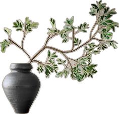 a black vase with green leaves on it and a branch in the middle, against a white background