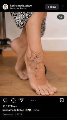 a woman's foot with a dandelion tattoo on her left leg and the words, i love you