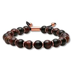 Tiger's eye quartz beads alternate with rose-gold-tone stainless steel plates in this distinctive bracelet for him. The bracelet adjusts up to 9.5 inches with the sliding bolo clasp. Cool Mens Bracelets, Men Stone Bracelet, Bracelet For Him, Stone Bead Jewelry, Cross Jewelry Necklace, Fan Jewelry, Mens Bracelets, Steel Plates, Jewelry Advice