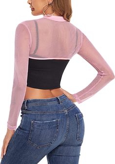 95% Polyester. 5% Spandex Pull On closure Hand Wash Only Material : This Mesh Crop Tops is made of 95% polyester 5% spandex. The skin friendly material is breathable and comfortable. so you will not feel itchy when wearing on it. Features: This long sleeve see through crop top features mesh material. mock neck. slim fit. pull on closure and perfect sleeve length. Simple but super trendy and eyecatching! Ocassion: You can pair this sheer crop tops with any dress/strappy clothes/sleeveless tops an Fitted V-neck Top For Workout, Fitted Crop Top With Mesh Sleeves For Spring, Stretch Mesh Top With Crew Neck For Layering, Trendy Stretch Tops With Mesh Sleeves, Stretch Crew Neck Mesh Top For Layering, Trendy Fitted Mesh Crop Top, High Stretch Long Sleeve Tops For Summer, Snug Fit Long Sleeve Elastane Tops, Fitted Nylon Tops With Mesh Sleeves