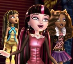 three cartoon dolls standing next to each other in front of a brick wall and stairs