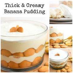 this is a collage of photos showing how to make a banana pudding