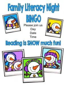 an advertisement for the family library night, featuring snowmen and penguins in different colors