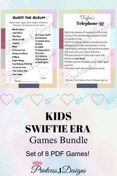 the kids swiffie era game bundle is shown with text and pictures on it