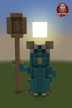 a minecraft character standing next to a wooden signpost in the middle of a field