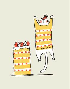 a drawing of a cat standing next to a cake with strawberries on it's top