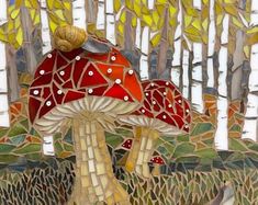 a painting of a mushroom in the woods