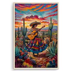 a painting of a mexican woman playing the guitar in front of cactus trees and sunset