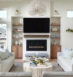 a living room filled with furniture and a flat screen tv mounted on the wall above a fire place