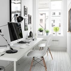 two pictures of a home office with white walls and wood flooring, one has a computer on the desk