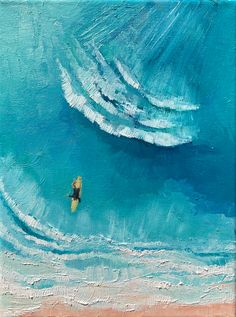 an oil painting of a surfer riding a wave