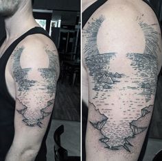 a man with a tattoo on his arm that has an image of the sun and water