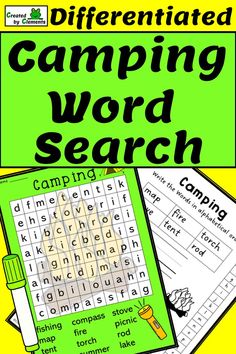 a green and yellow poster with words on it that read,'differentiated camping word search '