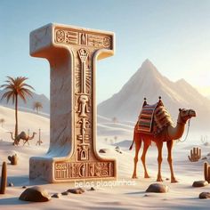 a camel standing in the desert next to an egyptian letter