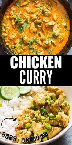 chicken curry in a skillet with rice and cucumber slices on the side