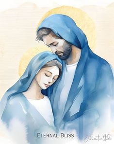 a painting of a man and woman in blue robes with the words, eternal bliss