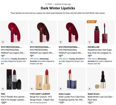 Dark-Winter-Lipsticks_Amazon Deep Winter Drugstore Lipstick, Deep Winter Color Palette Lipstick, Dark Winter Lipstick Colors, Dark Winter Makeup Palette, Deep Autumn Lipstick Colors, Dark Winter Color Analysis, Dark Winter Color Palette Makeup, Deep Winter Eyeshadow Palette, Deep Autumn Lipstick