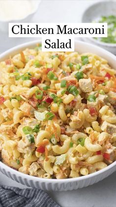 chicken macaroni salad in a white bowl with the title overlay reads chicken macaroni salad