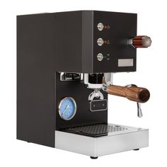 an espresso machine with a wooden handle