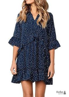 This navy blue vintage dress with white polka dots is perfect for a boho style look. The relaxed fit and comfortable fabric will make you feel free to move while looking stylish at the same time. Whether you're traveling the world or just out on a casual day, this dress is sure to turn heads. Size Guide Size Guide Small Medium Large US 4 6 8 UK 6 8 10 AU/NZ 6 8 10 EU 32-34 34-36 36-38 Shop Blue Boho Dresses or Discover Boho Clothing Sale! Vintage Dress Blue, Vintage Polka Dot Dress, Bohemian Style Clothing, Dot Print Dress, Mode Boho, Chiffon Mini Dress, Princess Dresses, Half Sleeve Dresses, Polka Dress